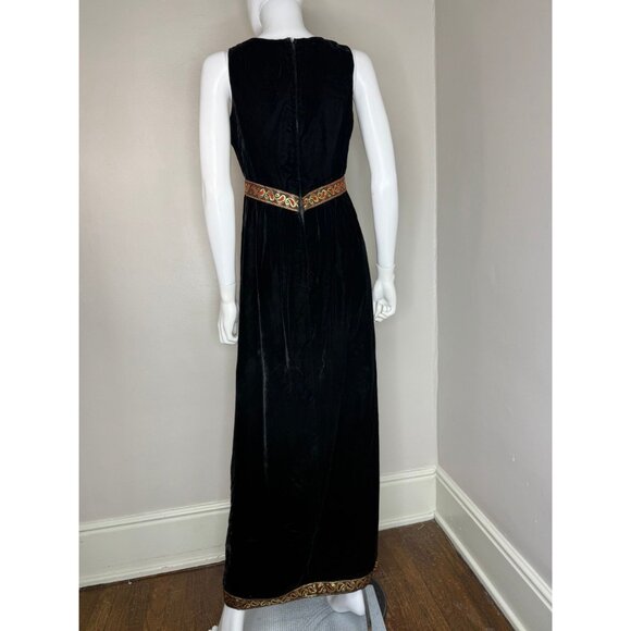 Vintage 1960s Black Velvet Maxi Dress Metallic Gold & Red Ribbon Trim Size Small - Picture 3 of 7
